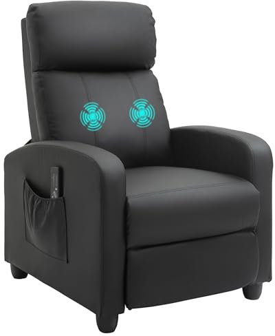 HOMCOM Recliner Armchair, Massage Faux Leather Push Back Reclining Chair with Adjustable Leg Rest, Side Pocket, for Home Living Room Theatre, Black