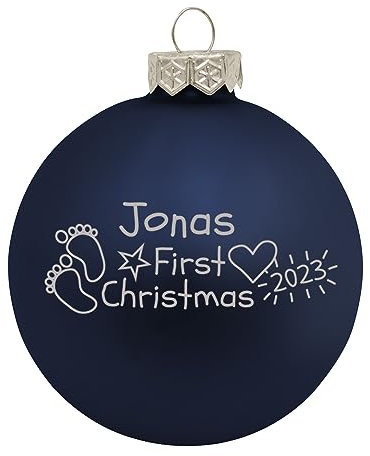 Deitert Weihnachtskugel mit Wunschtext Gravur, Ø 8cm, personalisierte Christbaumkugel aus Glas (matt), Individueller Weihnachtsbaumschmuck Namen oder Spruch, Babys First Christmas, Blau