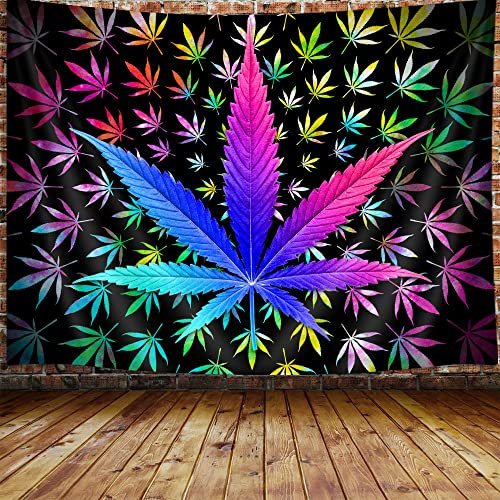 Cooles Trippy Weed Tapisserie, Neon Tie Dye Marihuana Leaf Cannabis Art Tapisserie Wandbehang für Männer Schlafzimmer Bunte Schwarzlicht Wandteppiche Poster Decke College Wohnheim Heimdekoration (60