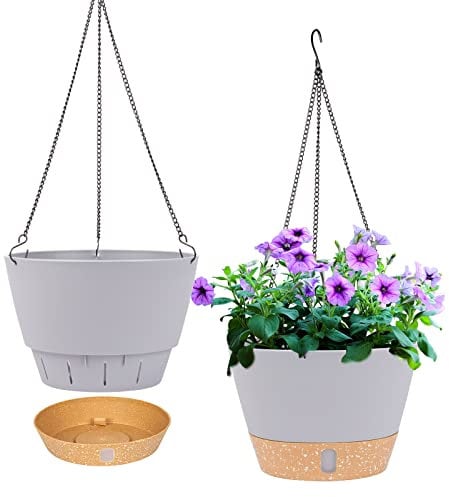 QCQHDU Lot de 2 jardinières suspendues, 25.4 cm de diamètre pour l'intérieur et l'extérieur, Pot de Fleurs Suspendu avec Trou de Drainage et 3 Crochets pour Le Jardin et la Maison (Gris Clair)