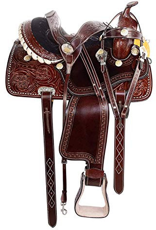 Wonder Wish Western-Pferd-Sattelfass Racing Rodeo, Kristall, silberfarbene Nieten, Premium-Leder-Sattel-Set (Größe 26,7 cm)