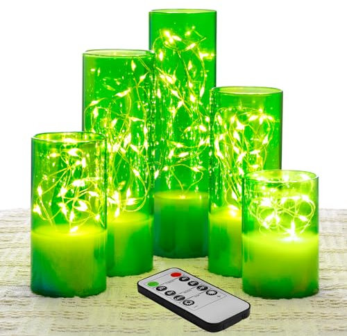 Eywamage Slim Green Glass Flameless Candles with Remote LED Lights, Flickering Battery Operated Christmas Decorative Candles D 2 H 3 4 5 6 7