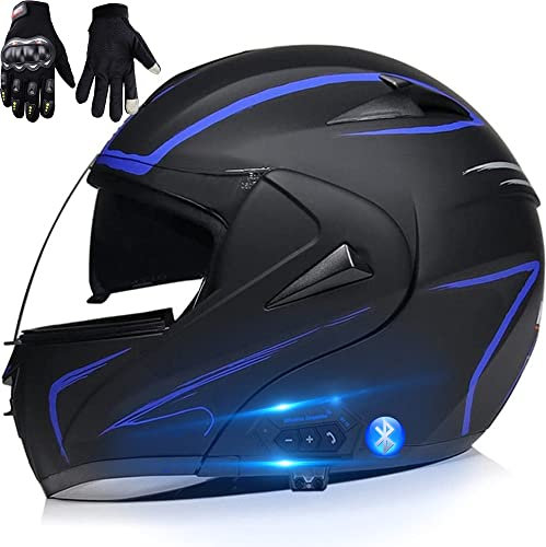Motorcycle Integrated Bluetooth Helmet With Double Visor,ECE Approved,All-Round Ventilation,Comfortable Inner Lining,Anti-Fog Sun Visor,Comfortable Lining,Mit Fahrradhandschuhen C,XL
