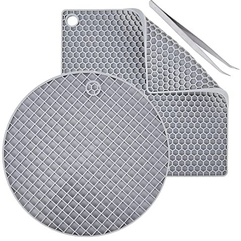 GORGECRAFT 2 Styles Silikon-Doming-Matten Rund(16cm) Quadratisch(17cm) Kunstharz Tischuntersetzer Mit Pinzette Hitzebeständig Grau Wabengummi-Pads Tabletts Für Heiße Topflappen Untersetzer DIY