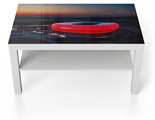 DEQORI Glastisch | weiß groß 90x50 cm | Motiv Allianz Arena, München | ausgefallener Beistelltisch aus Glas | Hochglanz Couchtisch fürs Wohnzimmer | moderner Couch Tisch mit Design