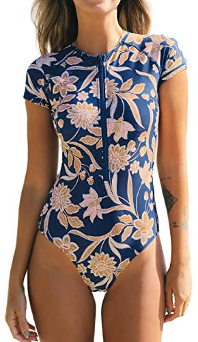 CUPSHE Damen Badeanzug High Neck Kurzarm Reißverschluss vorne Rash Guard Blumenmuster Einteilige Bademode Swimsuit Marine/Goldene Blumen S