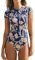 CUPSHE Damen Badeanzug High Neck Kurzarm Reißverschluss vorne Rash Guard Blumenmuster Einteilige Bademode Swimsuit Marine/Goldene Blumen S