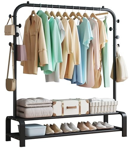 SMILOVII Kleiderständer, Garderobenständer Stabil Kleiderstange mit 6 Haken und 2 Schuhregal Ablage Regal, Schlafzimmer Kleiderständer Freistehender Kleiderbügel, Schwarz