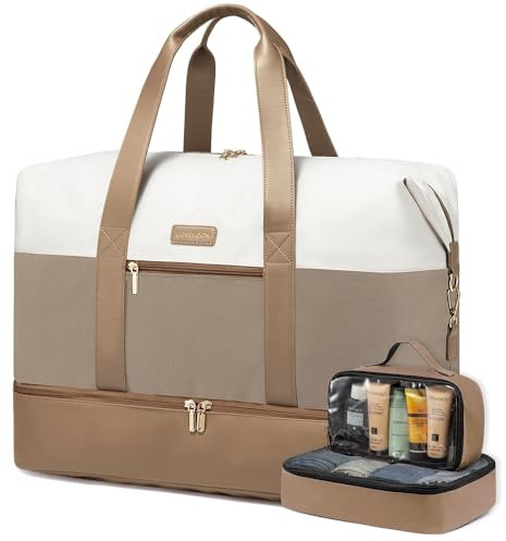 LOVEVOOK Travel Overnight Bags for Women, Waterproof Weekend Hospital Gym Bag with Shoes Compartment & Trolley Sleeve, Large Carry On Cabin Duffle Holdall Bag, Khaki