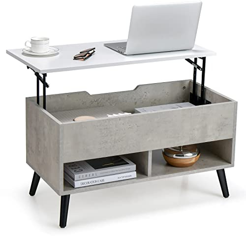 COSTWAY Table Basse Relevable, Table de Salon avec Rangement Caché, Compartiments Ouverts, Levage Pneumatique, pour Salon, Bureau, Chambre (Gris) (Gris, 80 x 40 x 44,5 cm)