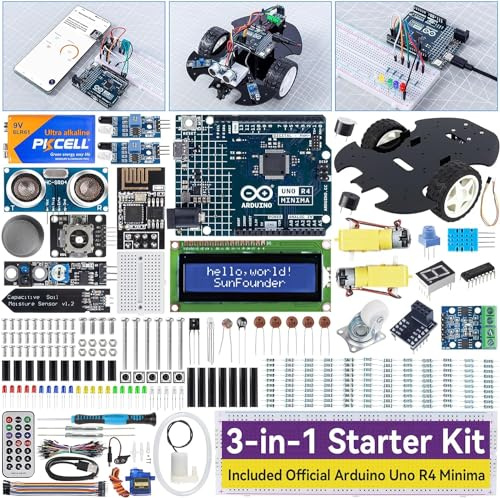 SUNFOUNDER Kit de Démarrage 3-en-1 avec Arduino Uno R4 Minima d’Origine, projets IoT et Voiture Intelligente, WiFi ESP8266, Plus de 50 tutoriels, Conforme RoHS