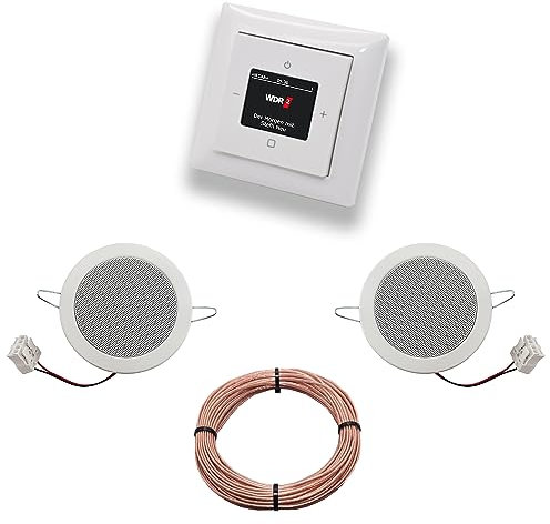 Busch Jäger DAB+ (DAB PLUS) Unterputz Radio 8215U-101 Balance SI Alpinweiß, Komplett-Set mit 2 x Deckenlautsprecher Einbaulautsprecher + 20 Meter Lautsprecherkabel 2x0,75 mm2 8215 U - 101