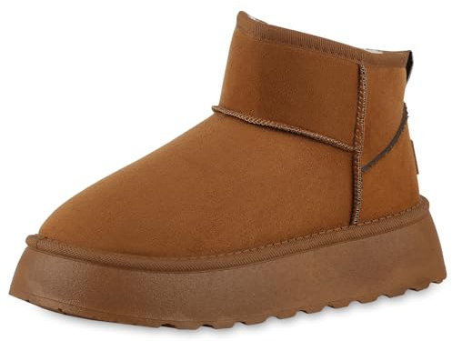 VAN HILL Damen Winter Boots Plateau Profilsohle Bequem Schuhe 213975 Hellbraun Robust 36