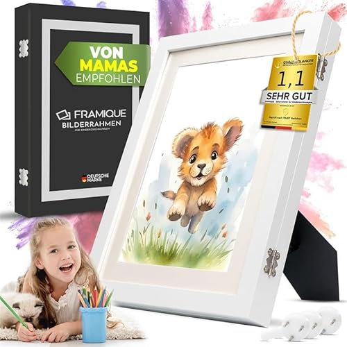 FRAMIQUE® Bilderrahmen Kinderzeichungen weiß – Kinder Bilderrahmen A4 – Kunstfotorahmen mit Frontöffnung für bis zu 150 Zeichnungen – Aufklappbarer Holz Bilderrahmen mit Magnetverschluss