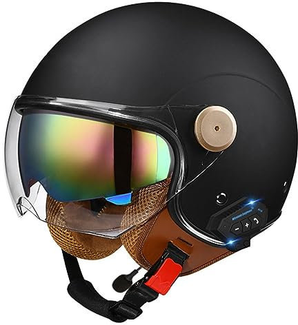 Motorradhelm mit Bluetooth Herren Damen ECE-zertifizierter Motorrad Jethelme Integrierter Bluetooth-Helm mit Anti-Fog-Doppelspiegel Rollerhelm Scooterhelm L,L