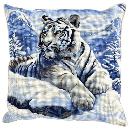 MAFANG 11CT Kreuzstich Kissen Set Schneeberg-Tiger-Stickset Für Erwachsene，Anfänger，Kreuzstichkissen/Stickkissen-Set A 45x45cm