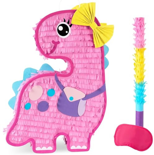 WERNNSAI Rosa Dinosaurier Pinata Set - Mit Augenmaske und Schlagstock für Mädchen und Kinder Partyspiel Zubehör - Brontosaurus Thema Geburtstagsparty Dekoration Karneval Urlaub