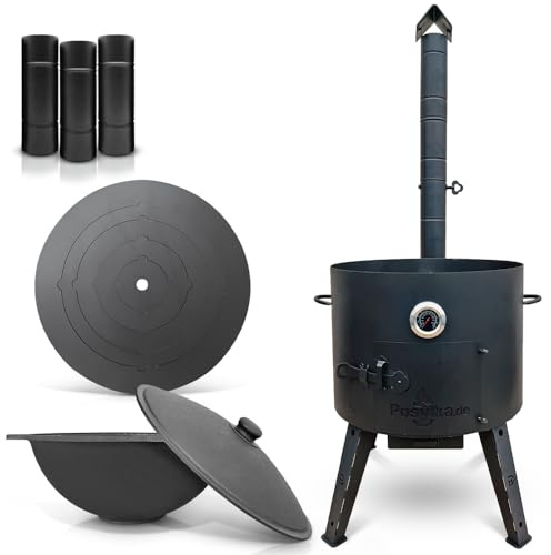 Utschak Uchag Feuerofen Ø 49 cm 2 mm Stahl Herdplatte 4mm Kazan 22 L flacher Boden mit Thermometer Verlängerungsrohr (Set F22-6)