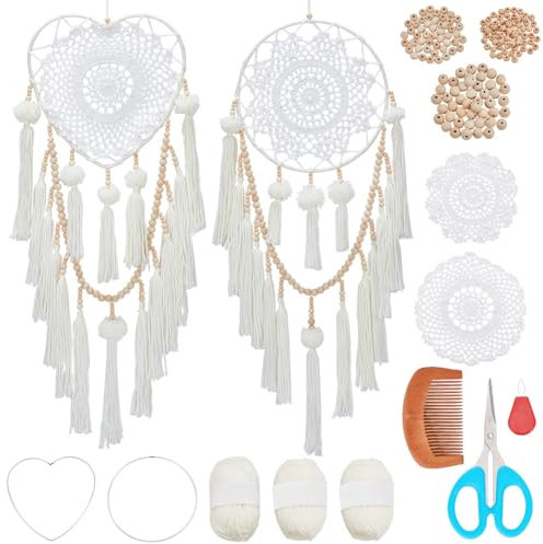 INFUNIY 2 Set Weißer Gehäkelter Traumfänger, DIY-Traumfänger-Bastelset, Großer Traumfänger In Herzform, Basteln Sie Ihr Eigenes Traumfänger-Paket Mit Anleitung Für Heimdekoration, Wandbehang, Geburtst
