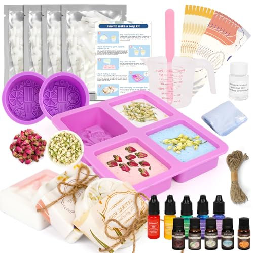 HOTOOLME 25er DIY Seife selber machen Set Erwachsene Frauen mit 1kg seifenbasis zur seifenherstellung, 3 Seifen Silikonform, Foaming agent, 5 Seifenduftöl, 5 Seifenfarbe usw. für weihnachtsgeschenke