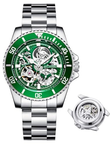 DAXIAOYU Herrenuhr Vollautomatische Mechanische Uhr Hohl Mode Wasserdicht Student Male Watch Water Ghost Series Tourbillon Uhr, Silberfarben, Grün, Luxuriös