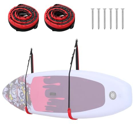LIEKUMM Kayak Wall Hanging Storage Strap, Heavy-Duty Nylon Kayak Hoist Sling Strap for Surfboard Canoe SUP Paddle Board Indoor & Outdoor Use, Adjustable Standup Paddleboards Straps, Red