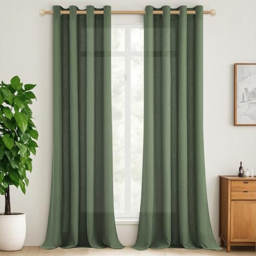 MRTREES Gardinen Leinen Halbtransparent Fenster Vorhänge Schlafzimmer Ösenschal 2er Set, 245 cm Lang, 140 cm Breit, Vorhang mit Ösen Leinenoptik Landhaus Gardine Wohnzimmer, Oliv-grün