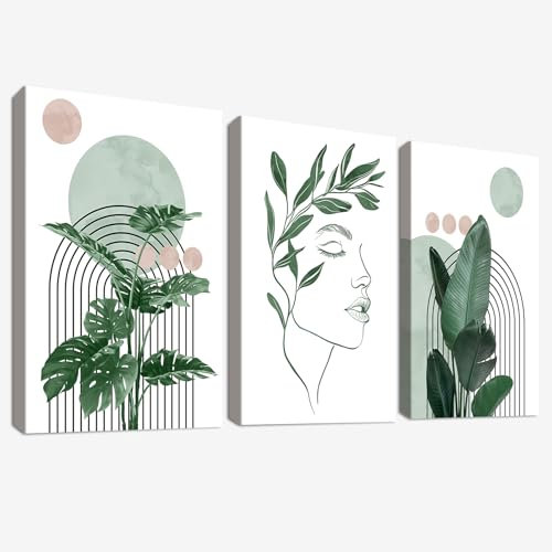 3Pcs Bohème Poster Satz Mit Rahmen Leinwand Bilder Frau Gesicht Ästhetische Grüne Pflanze Bild auf Leinwand Malerei Wandbilder Wohnzimmer Schlafzimmer Badezimmer Wanddeko 150x70cm (20x28x3)