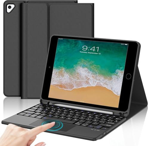 IVEOPPE Coque Clavier pour iPad 6/5 EME Generation/Pro 9.7/Air 2/Air 1 9.7 ave Touchpad, Étui Keyboard Trackpad AZERTY Layout sans Fil Bluetooth Amovible avec Porte Crayon pour iPad 9.7 2018, Noir