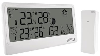 EMOS - Station météo sans fil avec capteur extérieur - Température intérieure/extérieure, humidité, prévisions météorologiques - Horloge radio-pilotée avec réveil, indicateur de confort - Support