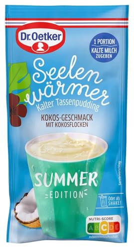 Dr. Oetker Seelenwärmer kalter Tassenpudding Kokos-Geschmack mit Kokosflocken, 12er Pack, (12 x 40 g) Pudding-Pulver für einen kühlen Pudding mit Kokos-Geschmack mit Kokosflocken