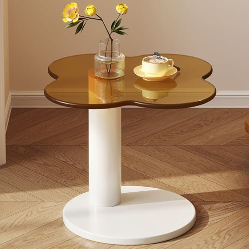Miuuod Beistelltisch in unregelmäßiger Form, weißer Sockeltisch mit brauner Glasplatte, moderner Sofatisch, Retro Akzenttisch, 45 cm hoch, einfache Montage