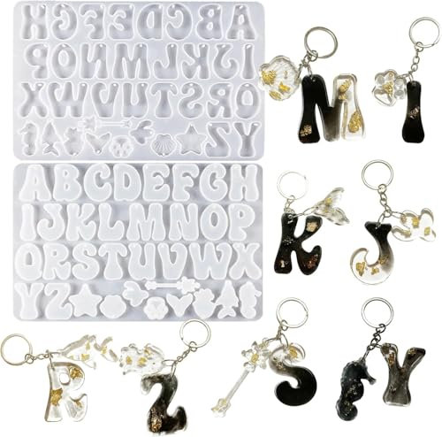 VOSSOT Stampo per Alfabeti in Resina Epossidica Set, Stampo in Silicone Perforato a Forma di Lettera Silicone con Anello Divisorio, Resina Epossidica Stampo per Portachiavi Fai da Te Gioielli Numero