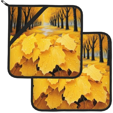 2 presine con tasca per cucina, resistenti al calore, per piani di lavoro, forno, foglie gialle autunnali, set di presine per cottura al forno, sottopentola da 20,3 cm