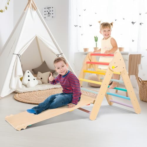 Lischwert Klettergerüst Indoor, 3-in-1 Montessori kletterdreieck mit Rutsche, Kletterbogen, Stabilem Bunter Baby-Klettergerüst und Kletterdreieck für Kinder von 1-6 Jahren (Multicolor-3IN1)