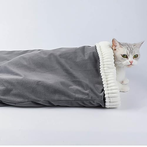 Katzenschlafsack, Haustiernest für Katzen und Hunde, Plüschschlafsack zum Kuscheln Verstecken Indoor Winter Zuhause (Grau)