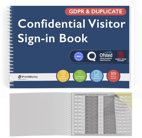 Confidential Visitor Sign in Book - GDPR Compliant A4 Visitors Book for Office, Workplace, School or Reception - 50 Page Carbonless Duplicate Log Book for Signing in and Out - UK Made