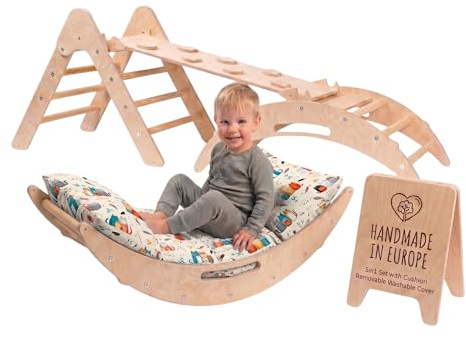 WoodsCraft Set d'escalade Montessori 5-en-1: Triangle, Arche d'Éveil avec Coussin & Rampe 2-en-1 (Toboggan et Mur de Grimpe) | Aire de Jeux Intérieure en Bois de Bouleau Fait Main pour Bébé