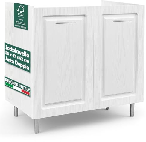 Shally Dogan Mobile Sottolavello Base per Cucina con Due Ante Design Boiserie, Mobiletto Componibile con Struttura in Legno Robusta, Mobile Sotto Lavello, 80 x 50 x 85H cm (Bianco Frassinato)