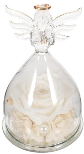 jojofuny Rose Éternelle sous Cloche en Verre avec Figurine Ange Blanc Décoration D’Intérieur Romantique Saint-Valentin Fleur Immortelle Artisanale Ornement de Bureau et Présent Original