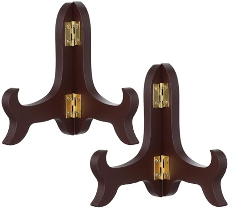 Matwsec 2 Pcs 3.94in Wooden Plate Stand, Decorative Plate Holder, Folding Small Easels for Display, Brown Small Picture Stands for Display Picture Frame Book Dish Artwork Easels