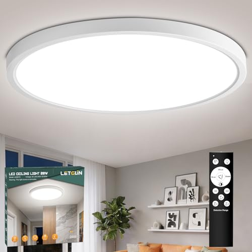 LetGlin LED Deckenlampe mit Radar Bewegungsmelder 28W 2800LM, IP54 30CM Deckenleuchte mit Bewegungssensor, 3000K/4000K/6000K Lampe Dimmbar mit Fernbedienung, Flurlampe für Garage Treppe Keller Balkon