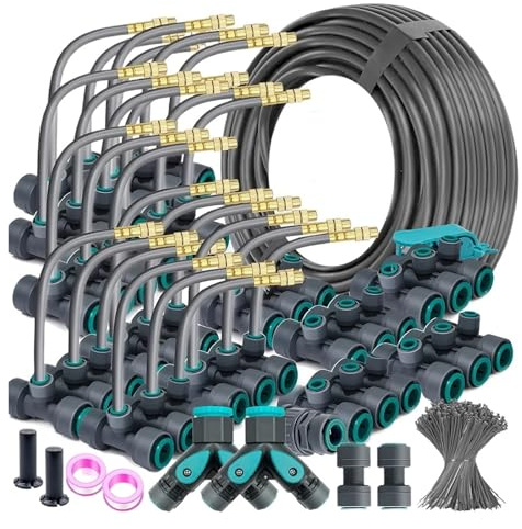 Flexibles, verstellbares Sprühset aus Messing, grauer 3/8-Zoll-PE-Schlauch, Schnellanschluss, Beschlagen, Kühlen, Entstauben, Bewässerungssystem for den Garten(15m Kit)