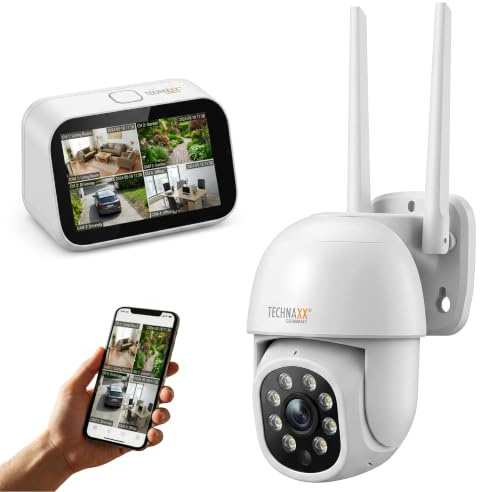 Technaxx Mini Kit de Cámara de Vigilancia con Monitor Táctil de 4,3 – Cámara WiFi 3MP 2K de Doble Banda (2,4/5,8 GHz), IP65, PTZ (Pan/Tilt), Detección de Personas y Visión Nocturna - TX-389