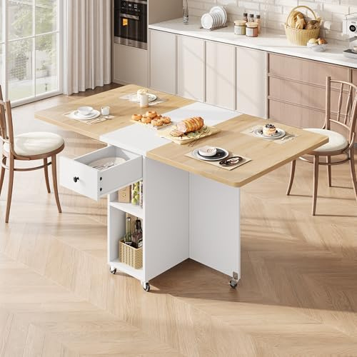 Jocoevol Platzsparender klappbarer Esstisch für 4 Personen, klappbarer Esstisch mit Schublade und Ablagefach, Küchen und Esszimmertisch mit Rollen und ausklappbarer Tischplatte für kleine Räume(Weiß)