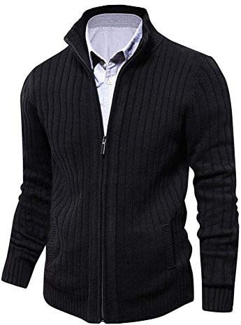 Uomo Maniche Lunghe Cardigan Inverno Cerniera Maglione con 2 Tasche Nero L