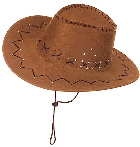 Brandsseller Cowboyhut – Westernhut für Damen & Herren – Wildlederoptik - Karneval & Fasching Kostüm Zubehör mit Kinnriemen – Einheitsgröße Hellbraun