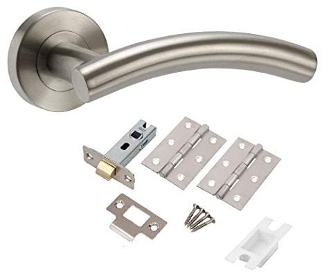 Golden Grace Arched T-Bar Door Handles on Round Rose in Satin Nickel Finish with Latch & Ball Bearing Hinges, 1 Sets