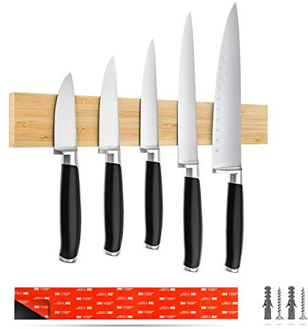 Romero Living Magnetleiste Messer Bambus 40cm inkl. 3M VHB Klebeband - Selbstklebender Messerhalter aus Holz - Messerleiste magnetisch zur Montage ohne Bohren!