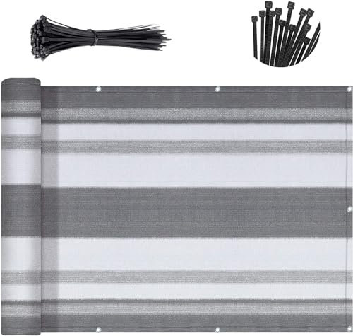 SUNNY GUARD Brise-vue robuste pour l’intimité, coupe-vent, pour balcon, extérieur, terrasse, jardin, patio, 0,9 x 4,9 m, rayures argentées, grises et blanches